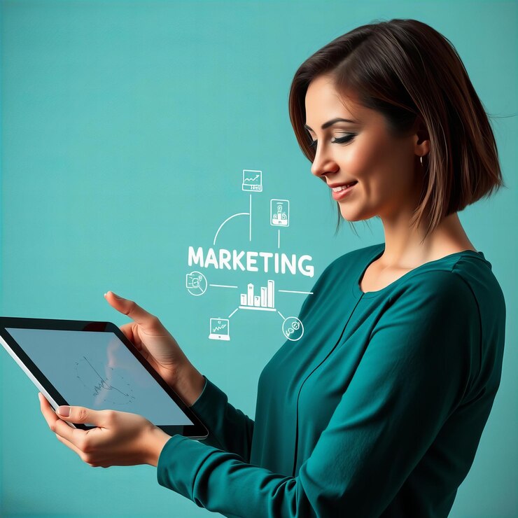 Muestra a una mujer sosteniendo una tableta con una visualización de la estrategia de marketing en la pantalla
