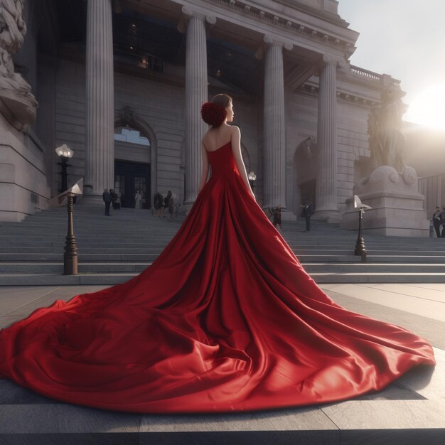 Se muestra a una mujer con un vestido rojo con un traje rojo en la espalda.