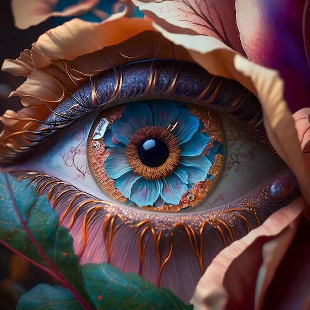 Se muestra un ojo colorido con una flor en el medio.