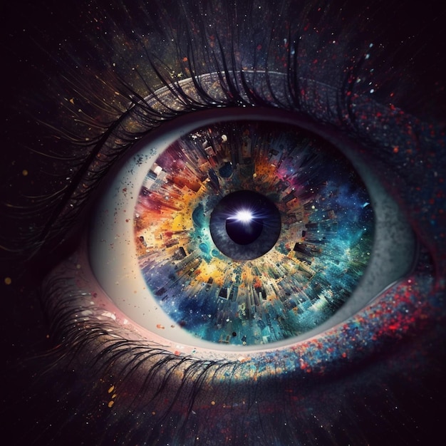 Se muestra un ojo colorido con la palabra galaxia en él.