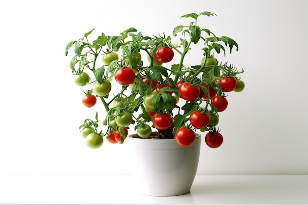 Se muestra una olla de tomates en una mesa blanca.