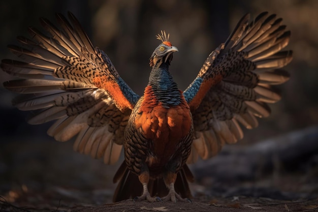 Se muestra un pájaro con plumas rojas y naranjas con las alas extendidas.