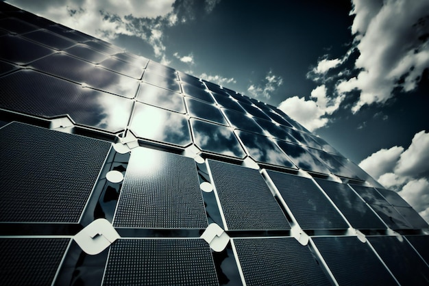 Se muestra un panel solar en un edificio con el sol brillando a través de las nubes.