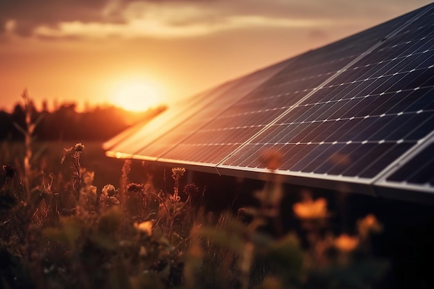 Se muestra un panel solar frente a una puesta de sol.