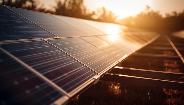 Se muestra un panel solar en un techo al atardecer.