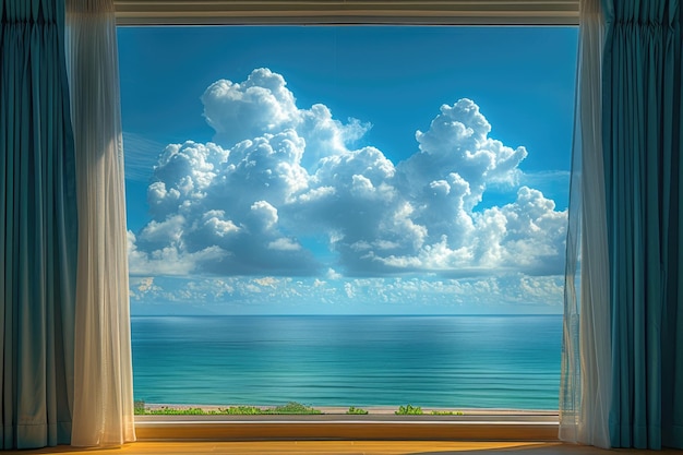 Muestra panorámica de un paisaje marino con cielo azul por encima de las luces del sol fotografía profesional