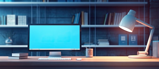 Se muestra una pantalla de computadora con un diseño genérico en una sala de oficinas de negocios en tonos azules que incluye