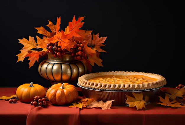 se muestra un pastel de calabaza con todo tipo de decoraciones de otoño al estilo de fondo blanco