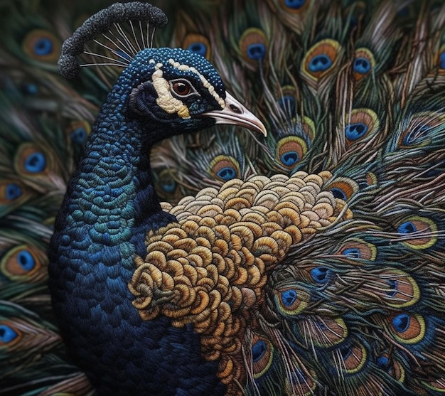 Se muestra un pavo real con una pluma azul y amarilla.