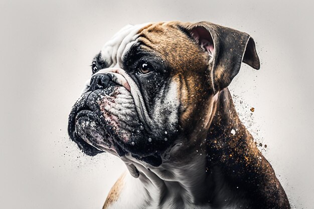 Se muestra un perro con una cara en blanco y negro con gotas de agua.