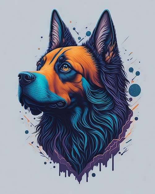 Se muestra un perro colorido con una cara azul y naranja con puntos de fantasía gráficos de camiseta