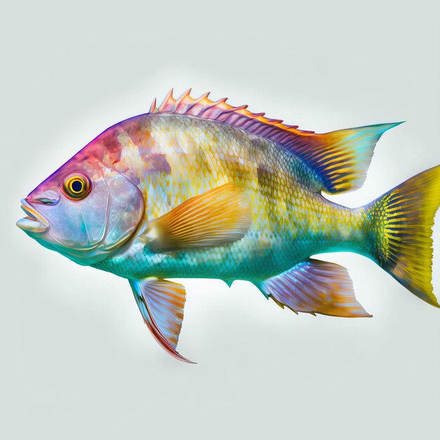 Foto se muestra un pez colorido con rayas amarillas, azules y verdes.