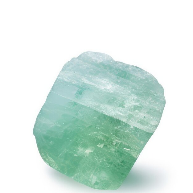 Se muestra una piedra de cuarzo verde sobre un fondo blanco.
