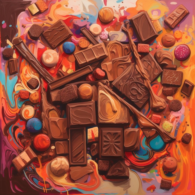 Se muestra una pintura colorida de chocolates y dulces.