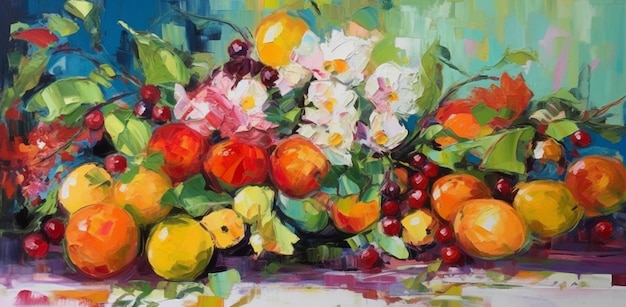 Se muestra una pintura de frutas y bayas.