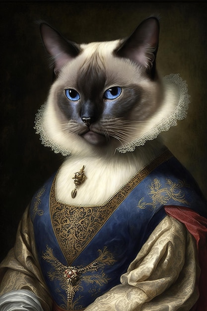 Se muestra una pintura de un gato con ojos azules.