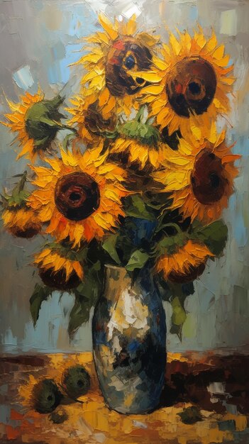 Se muestra una pintura de un jarrón de girasoles.