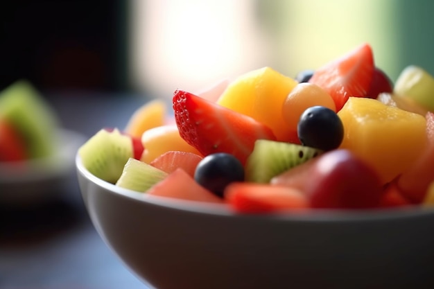 Se muestra un plato de fruta con un fondo borroso