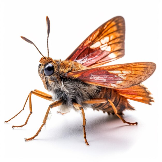 Se muestra una polilla con un fondo blanco y una raya roja en las alas.