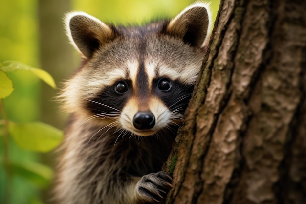 Muestra un primer plano de un rakú curioso mirando desde detrás de un árbol