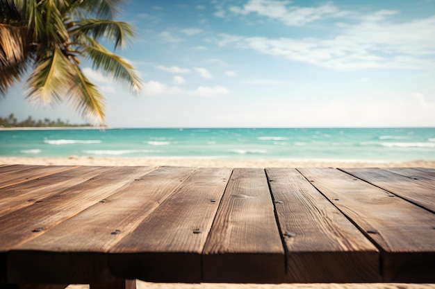 Muestra de productos orgánicos naturales plantilla en una mesa de madera con árbol de coco