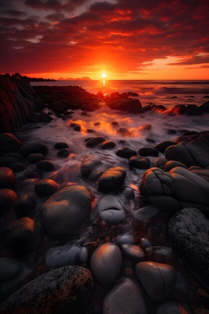 Se muestra una puesta de sol roja sobre las rocas y el océano.