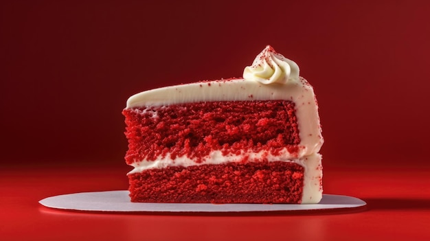 Se muestra una rebanada de pastel de terciopelo rojo sobre un fondo rojo.