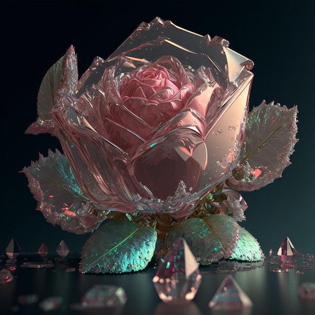 Se muestra una rosa hecha de vidrio y cristales.