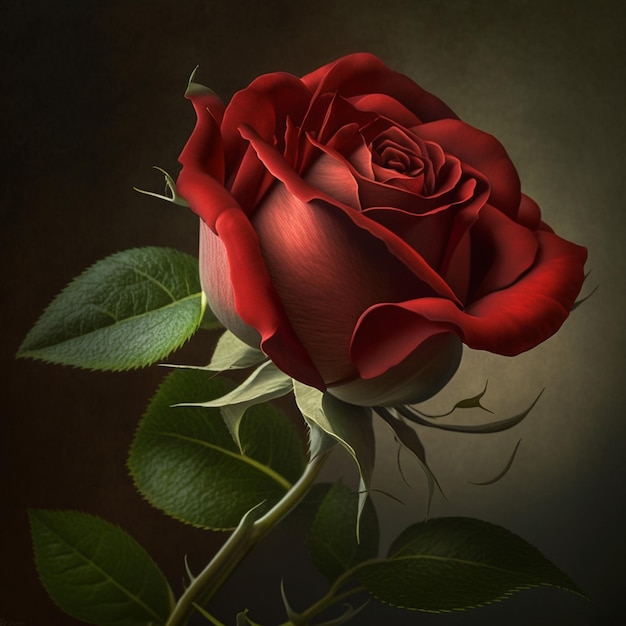 Se muestra una rosa roja con una hoja verde.