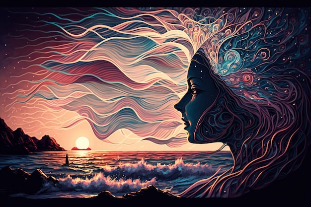 Se muestra el rostro de una mujer con la puesta de sol detrás de ella.