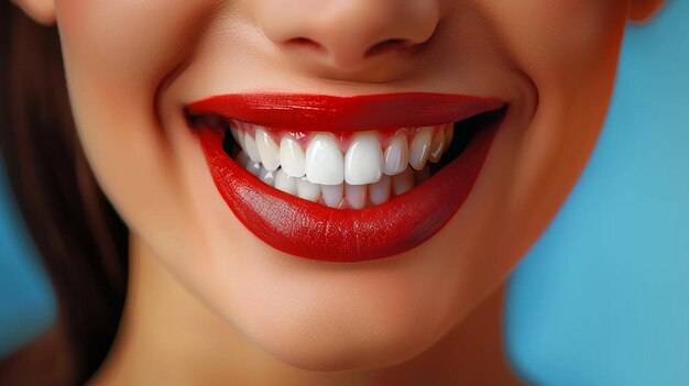 Se muestra la sonrisa de una mujer con dientes blancos generados por Ai