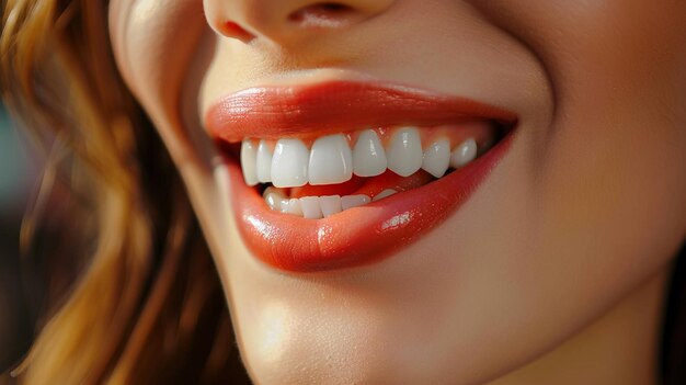 Se muestra la sonrisa de una mujer con dientes blancos generados por Ai