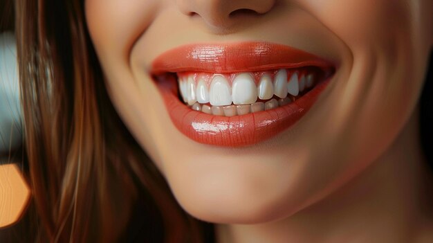 Se muestra la sonrisa de una mujer con dientes blancos generados por Ai
