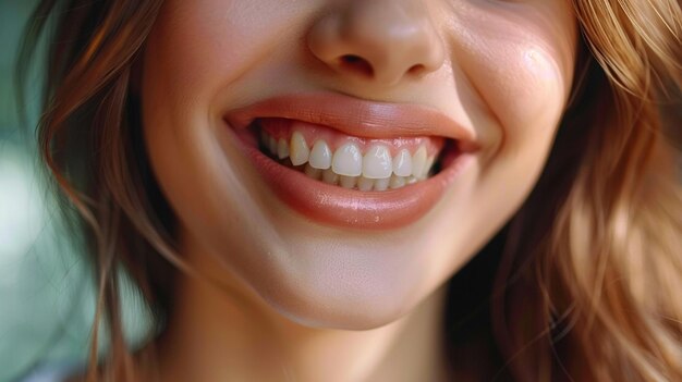 Foto se muestra la sonrisa de una mujer con dientes blancos generados por ai