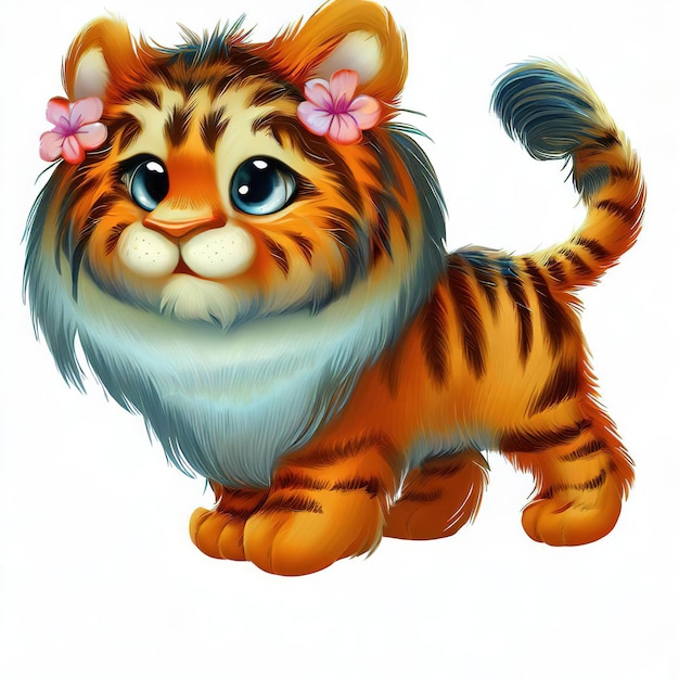 Se muestra un tigre de dibujos animados con una flor en la cabeza.