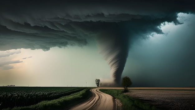 Se muestra un tornado en un camino rural.