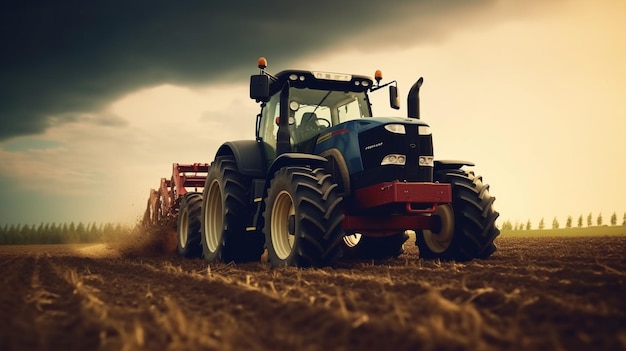 se muestra un tractor en un campo con nubes oscuras en el fondo.