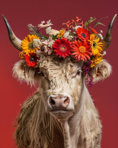 se muestra una vaca con una corona de flores en la cabeza