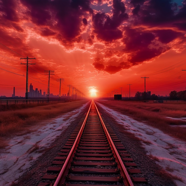 Se muestra una vía de tren con un cielo rojo y el sol se está poniendo.