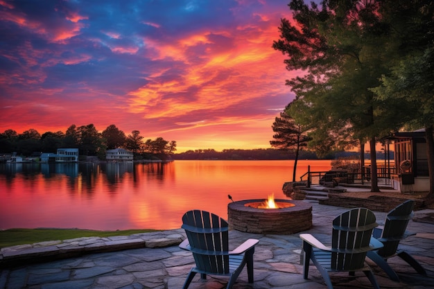 Muestra la vibrante paleta de colores mientras el sol se pone detrás de una tranquila orilla del lago