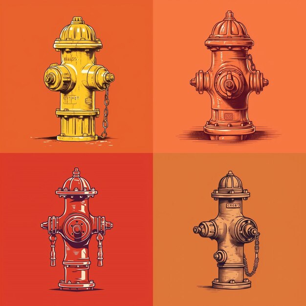 Se muestran cuatro bocas de incendios de diferentes colores sobre un fondo rojo.