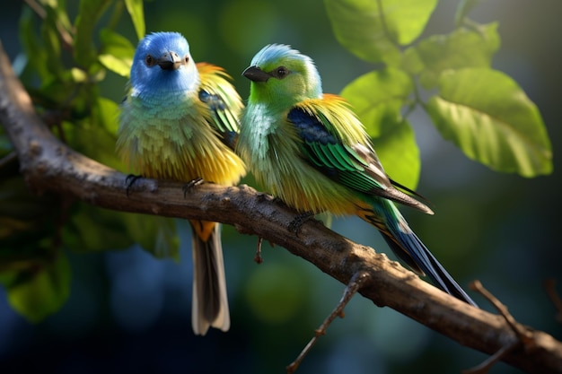 Se muestran dos pájaros con colas verdes y azules