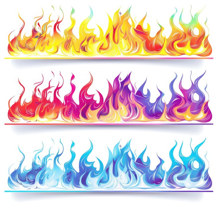 Se muestran llamas de diferentes colores en un fondo blanco