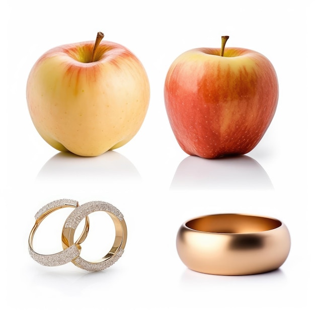 Se muestran tres manzanas de diferentes colores con un anillo de oro y un anillo dorado.