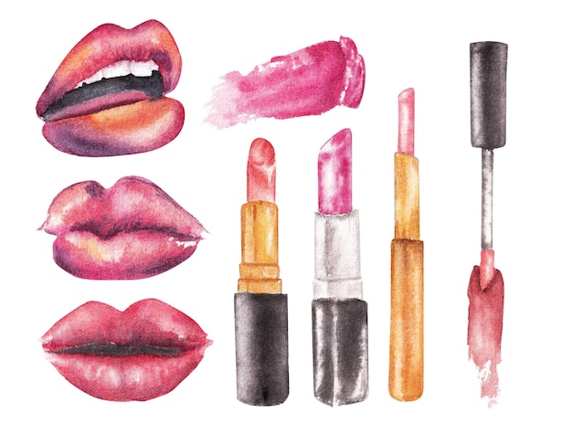 Muestras de lápiz labial multicolor labios y productos de belleza hechos con acuarela