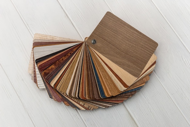 Muestras de madera con textura de diferentes colores sobre fondo claro