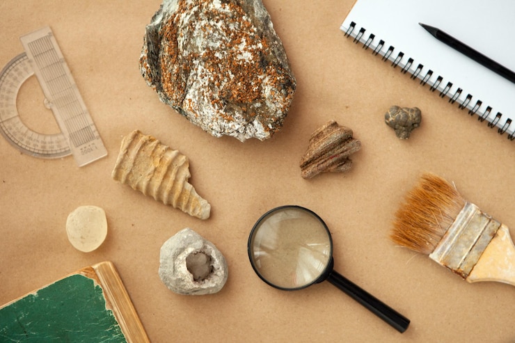 Foto muestras de piedra en laboratorio geológico. laboratorio de geología de rocas. laboratorio de análisis de materiales geológicos de suelos, piedras, minerales, muestras de rocas para investigadores y estudiantes. muestras de cepillado.