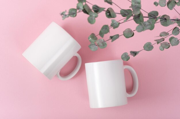 Foto muestre dos tazas de café blanco o una taza sobre un fondo rosa con espacio para copiar. plantilla en blanco para su diseño, marca, negocio. foto real. ramas de eucalipto planas