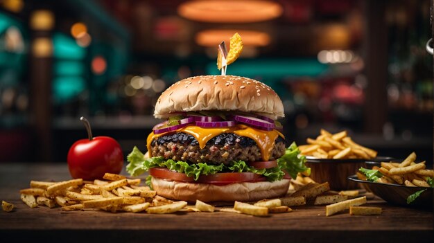 Muestre la hamburguesa con hamburguesa con queso derretido, verduras y muchos ingredientes, sabrosa hamburguesa con queso