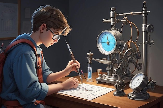 Foto muestre una ilustración detallada de un estudiante calibrando y usando instrumentos de medición científicos
